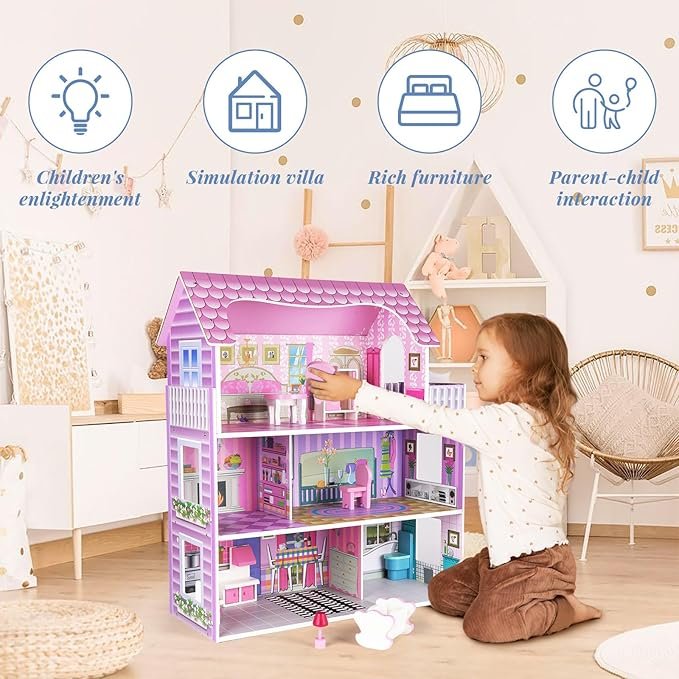 Wooden Dollhouse for Girls, 3-Story Doll House Playset with Furniture & Accessories, Large DIY Wooden Dream House for Kids, Pretend Play Dollhouse Kit, for Toddlers & Girls