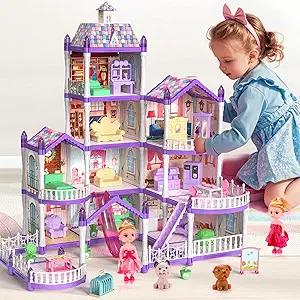 Princess Doll House, 4-Story Dollhouse with Glow in The Dark, Doll House Playset with 2 Dolls, 12 Play Areas, Fully Furniture & Accessories, Toys for 3 4 5 6 7 8 9Year Old Girls Gift, Purple